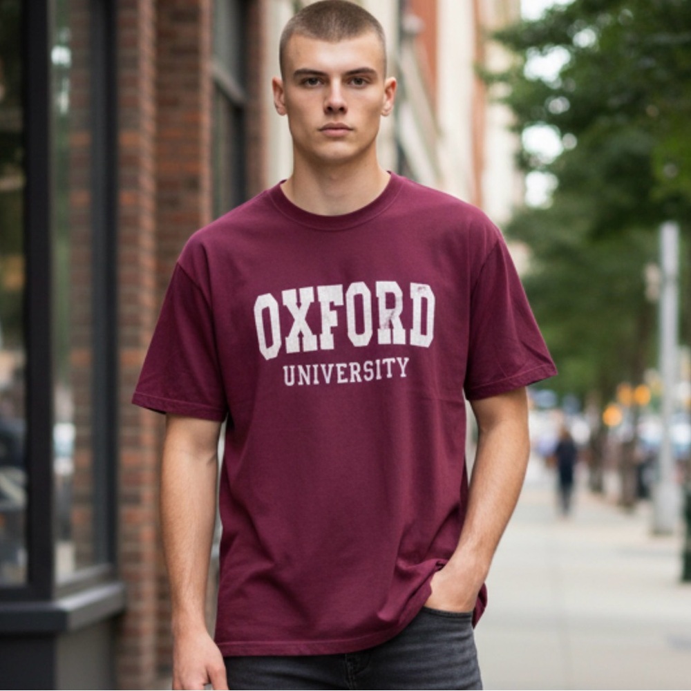 Vintage Oxford University T-Shirt Burgundy Graphic Short Sleeve Tee Size XL